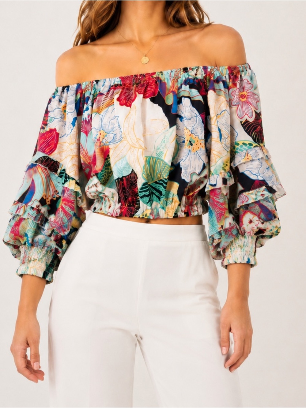 Rachel Zoe Floral Off-Shoulder Crop Top Boho Ruffle Sleeve Blouse